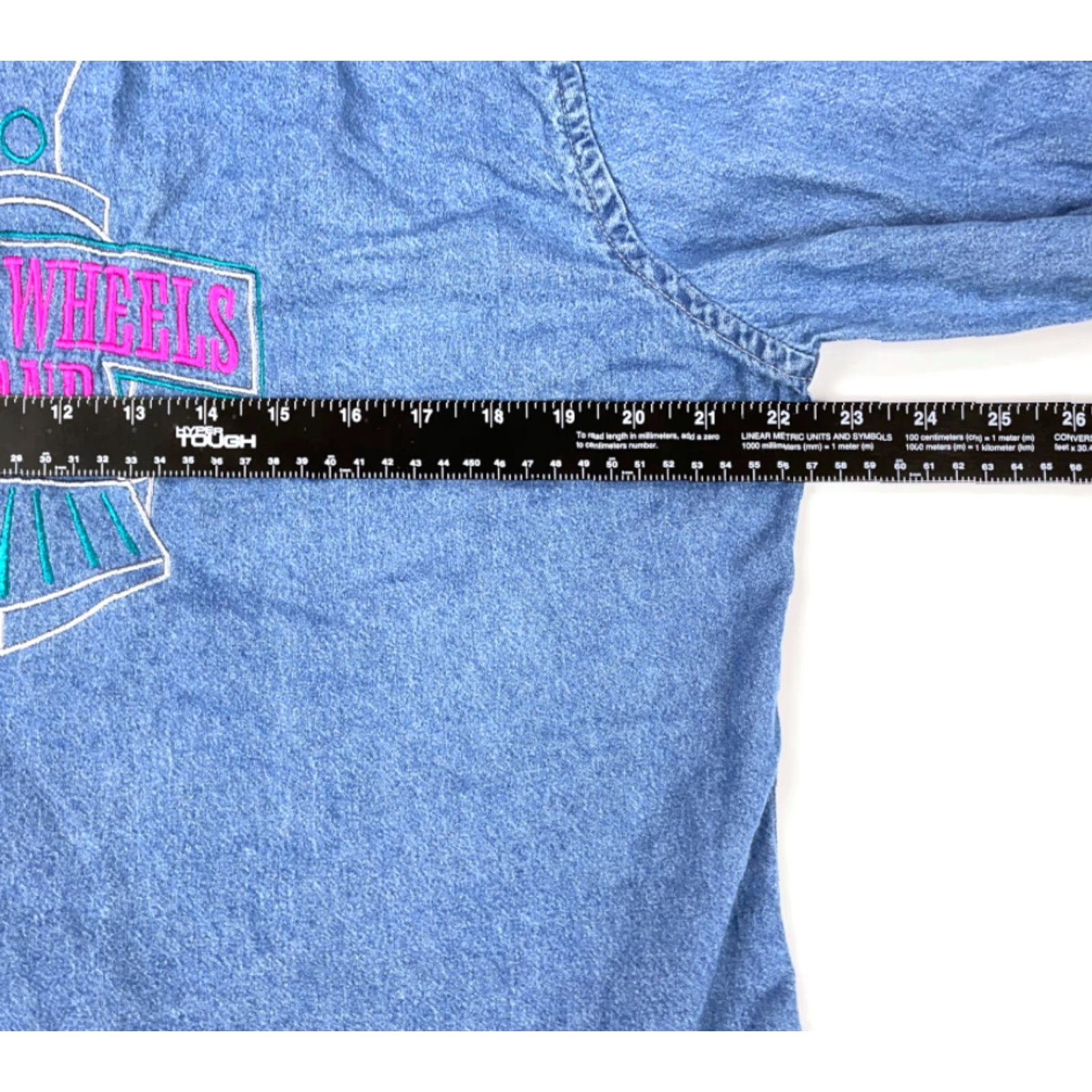 Vintage Harriton Steel Wheels Band Denim Button-Up Shirt Blue Women's Large 90s Hipster Grunge Size L / US 10 / IT 46 - 7 Thumbnail