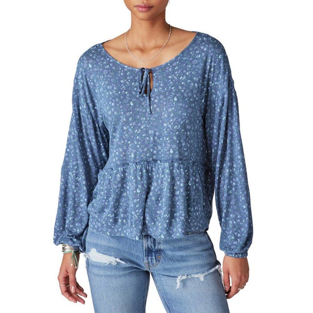 Lucky Brand NWT New Lucky Brand Ditsy Long Sleeve Peplum Blue Viscose T Size L / US 10 / IT 46 - 1 Thumbnail