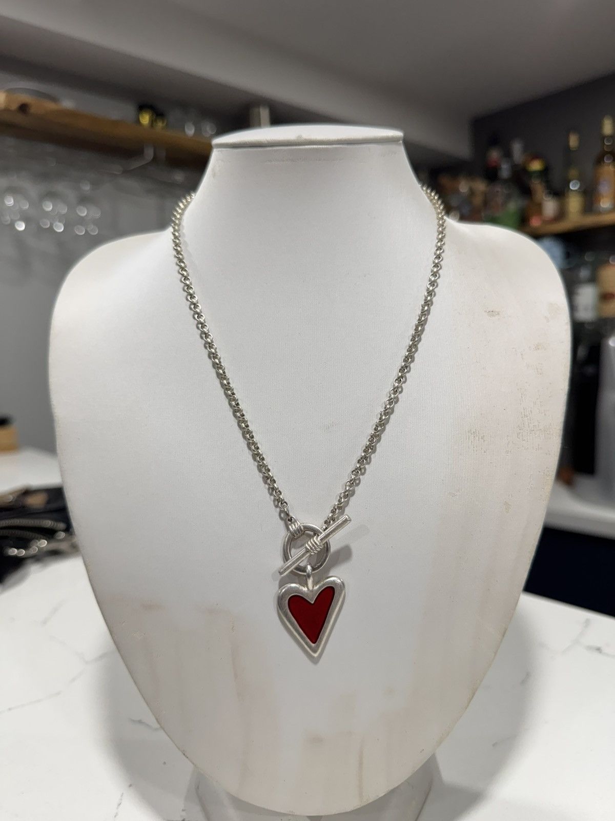 Jackie Spector Sterling Silver Red Enamel Heart Necklace