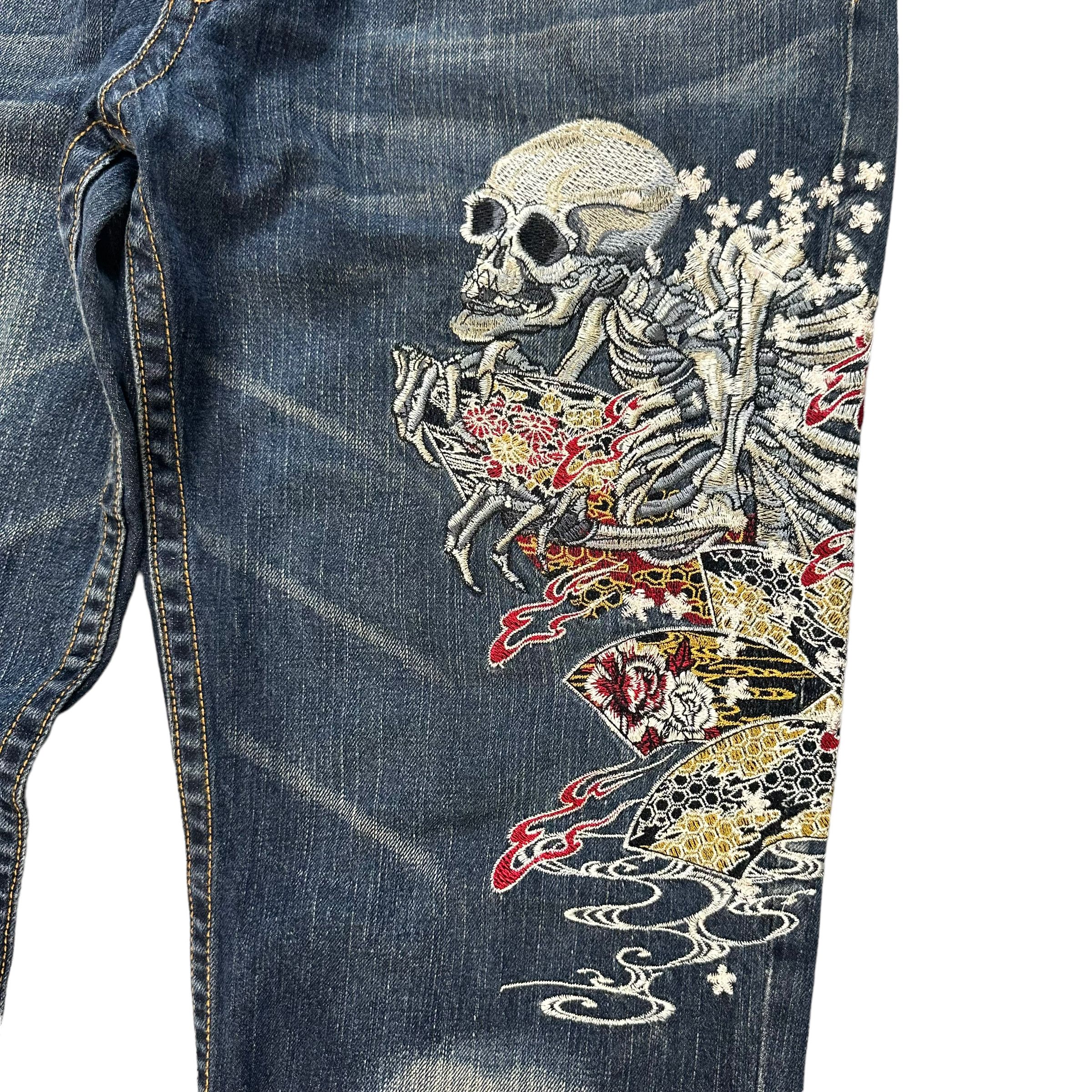 Japanese Brand J950 JEANS SUKAJAN EMBROIDERED SKELETON DENIM PANT #7801-177 Size US 35 - 8 Thumbnail