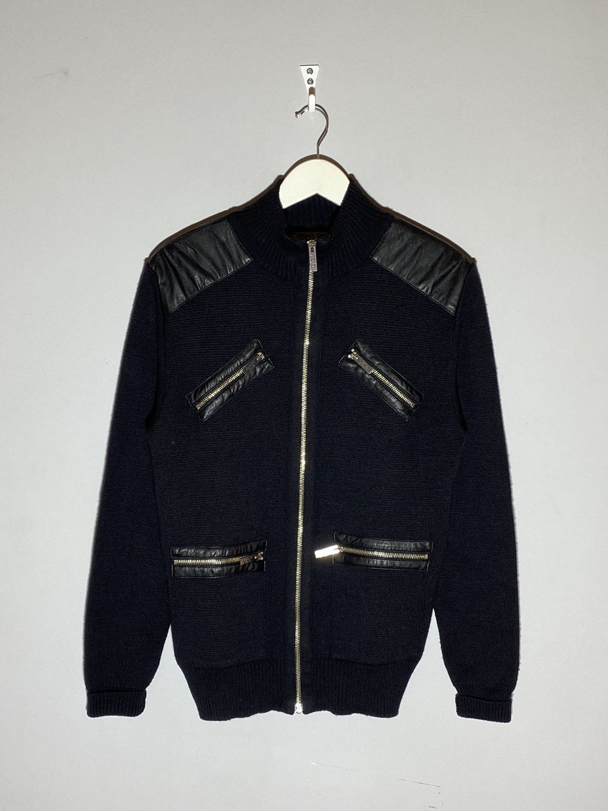 Versace Jeans leather elements wool black zip up sweater