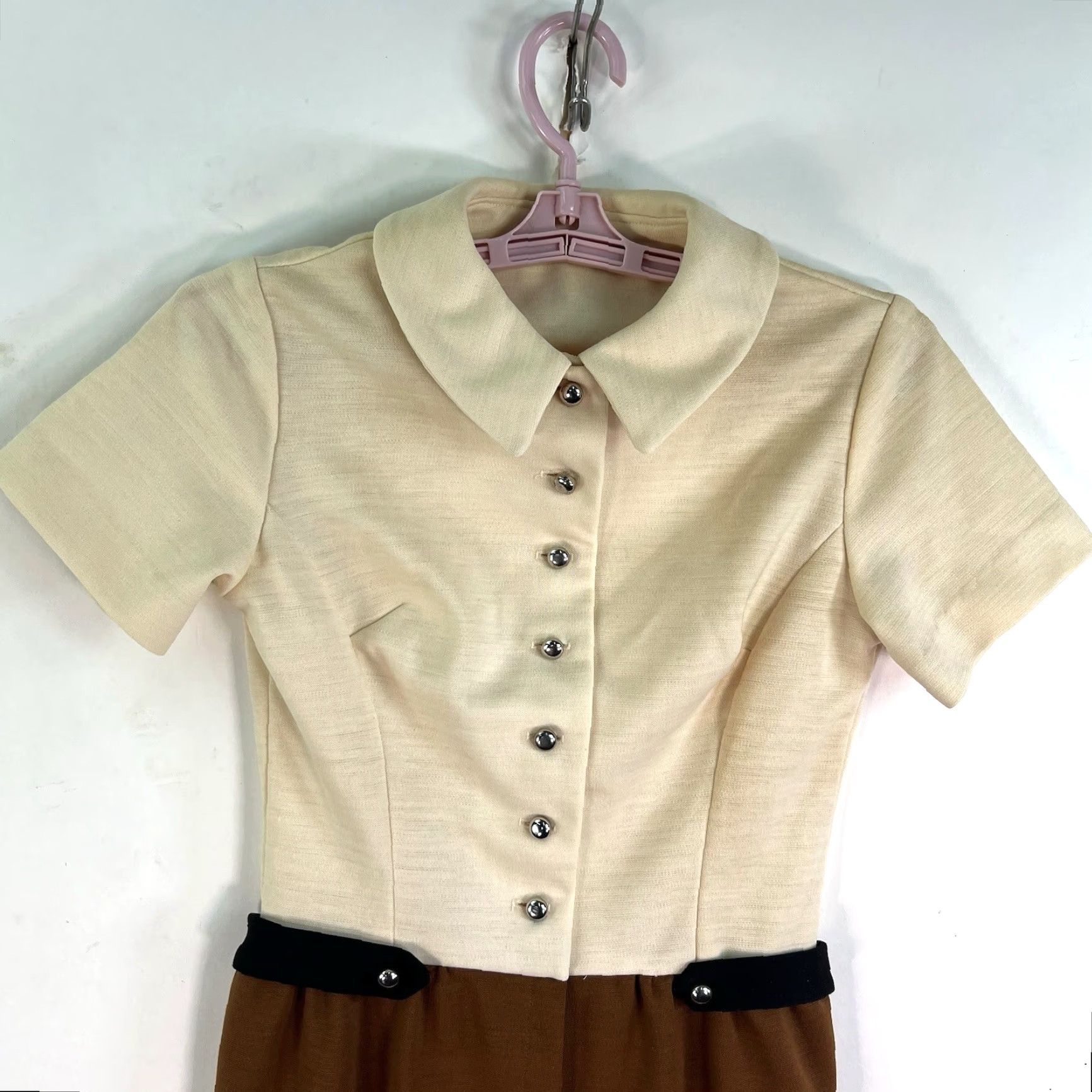 Vintage Vintage 60's Dress Button Top Size S Ivory/Brown Poly Size 4XL / US 24-26 - 3 Thumbnail
