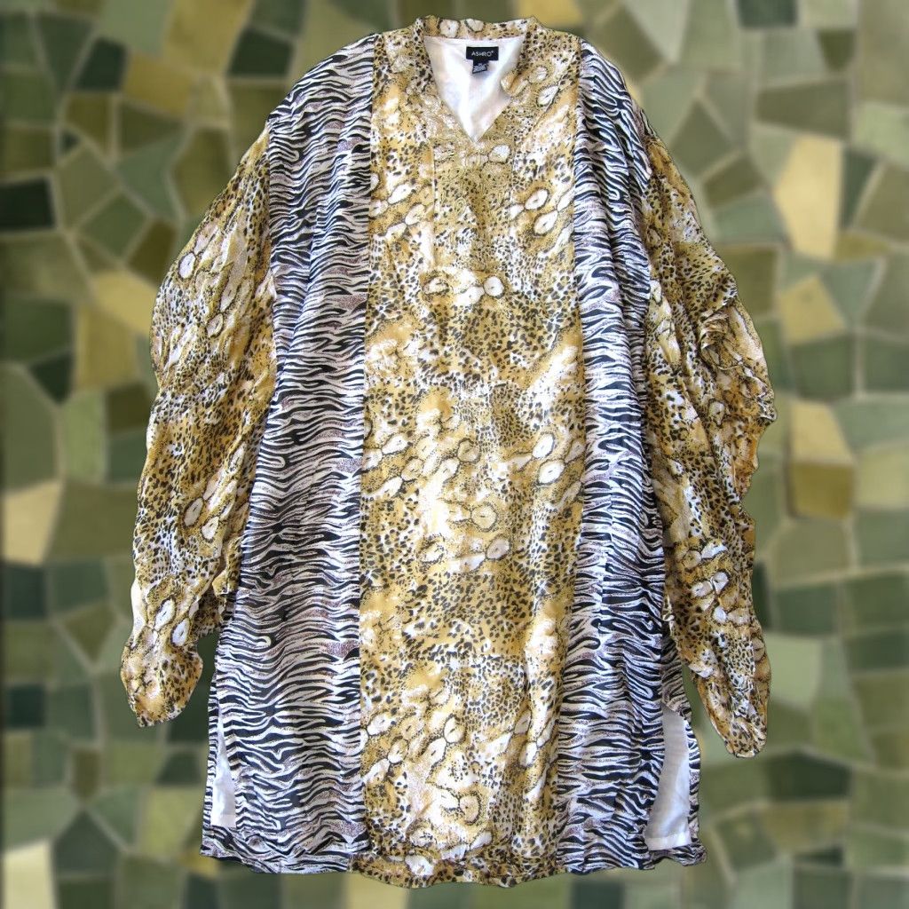 Vintage Ashro 100% Rayon Gold Black Cheetah Zebra Long Maxi Kaftan Maxi Muumuu Dress 2X Size XXL / US 16-18 / IT 52-54 - 1 Thumbnail