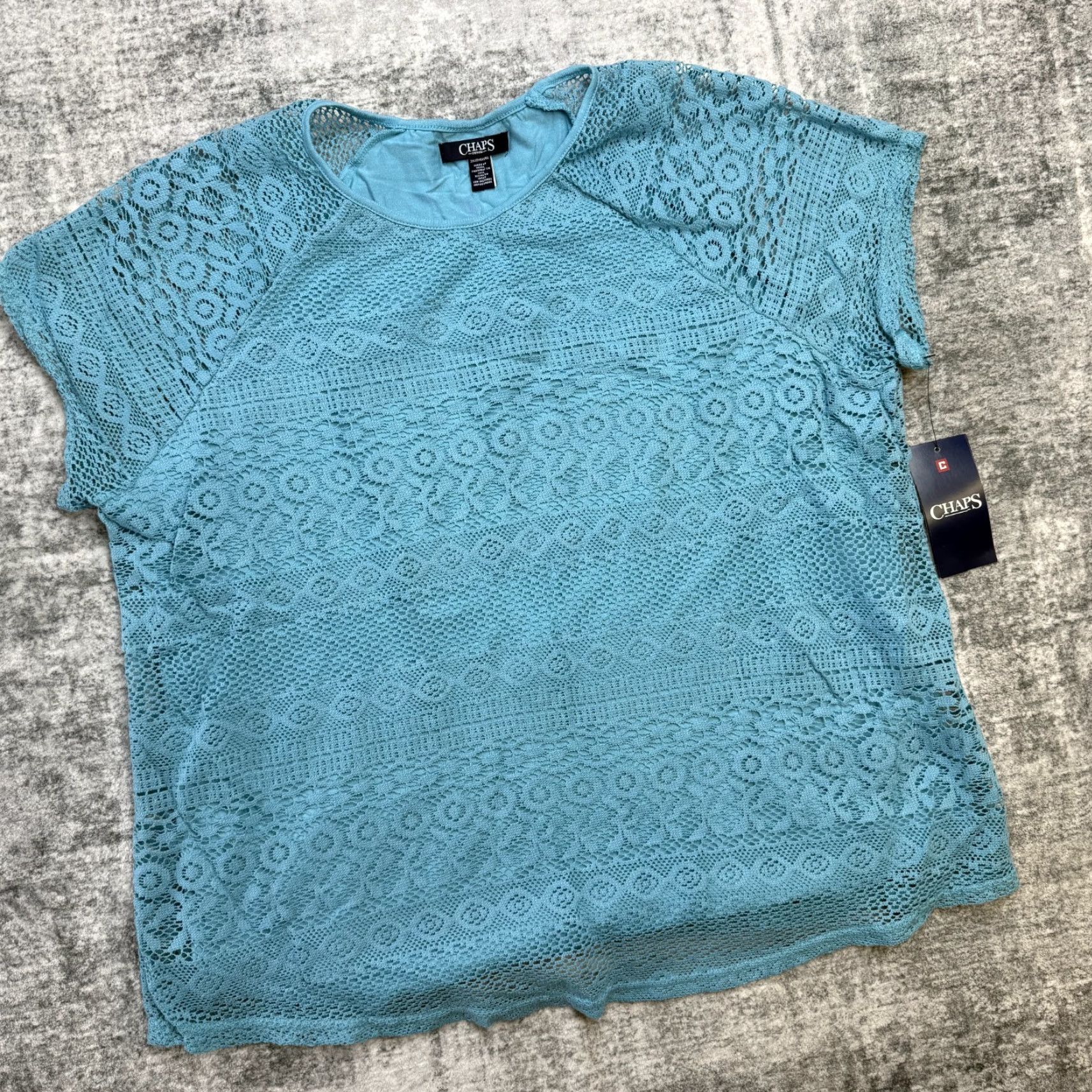 Chaps Chaps Blouse Shirt Women 2X Teal Blue Eyelet Lace Bohemian Knit Crew Neck Short Sleeve Plus Size Modern Casual Mens Womens Size XXL / US 16-18 / IT 52-54 - 2 Thumbnail