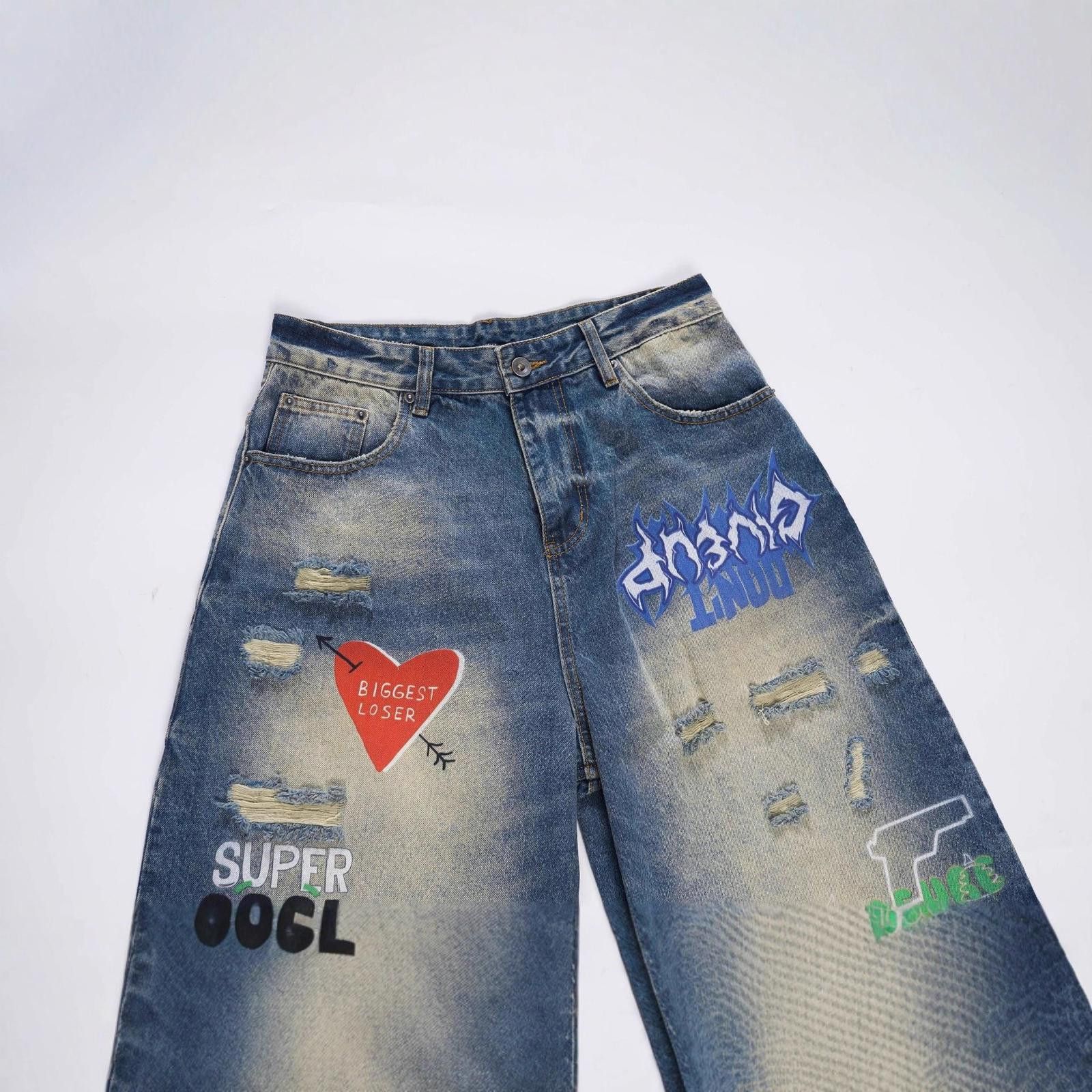 Japanese Brand Blue Distressed Wide Leg Denim Jeans, Graffiti Print Size US 30 / EU 46 - 3 Thumbnail