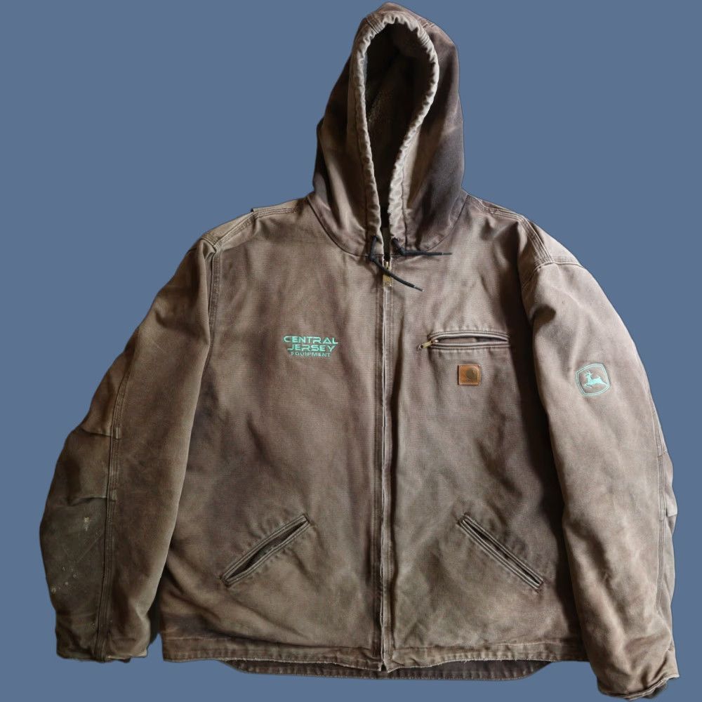 VINTAGE Carhartt Coat Jacket Hooded Fleece Lined Sherpa Canvas 2XL Brown Mens 100% Cotton Zip Front Pockets Logo