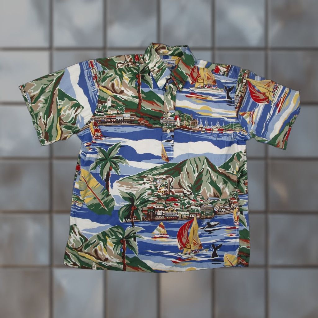 Reyn Spooner VINTAGE Reyn Spooner Hawaiian Shirt Mens Large Short Sleeve Cotton Button-Up Graphic Print 3-Button Popover Harbor Sailing Coastal Blue Mens Size US L / EU 52-54 / 3 - 1 Thumbnail