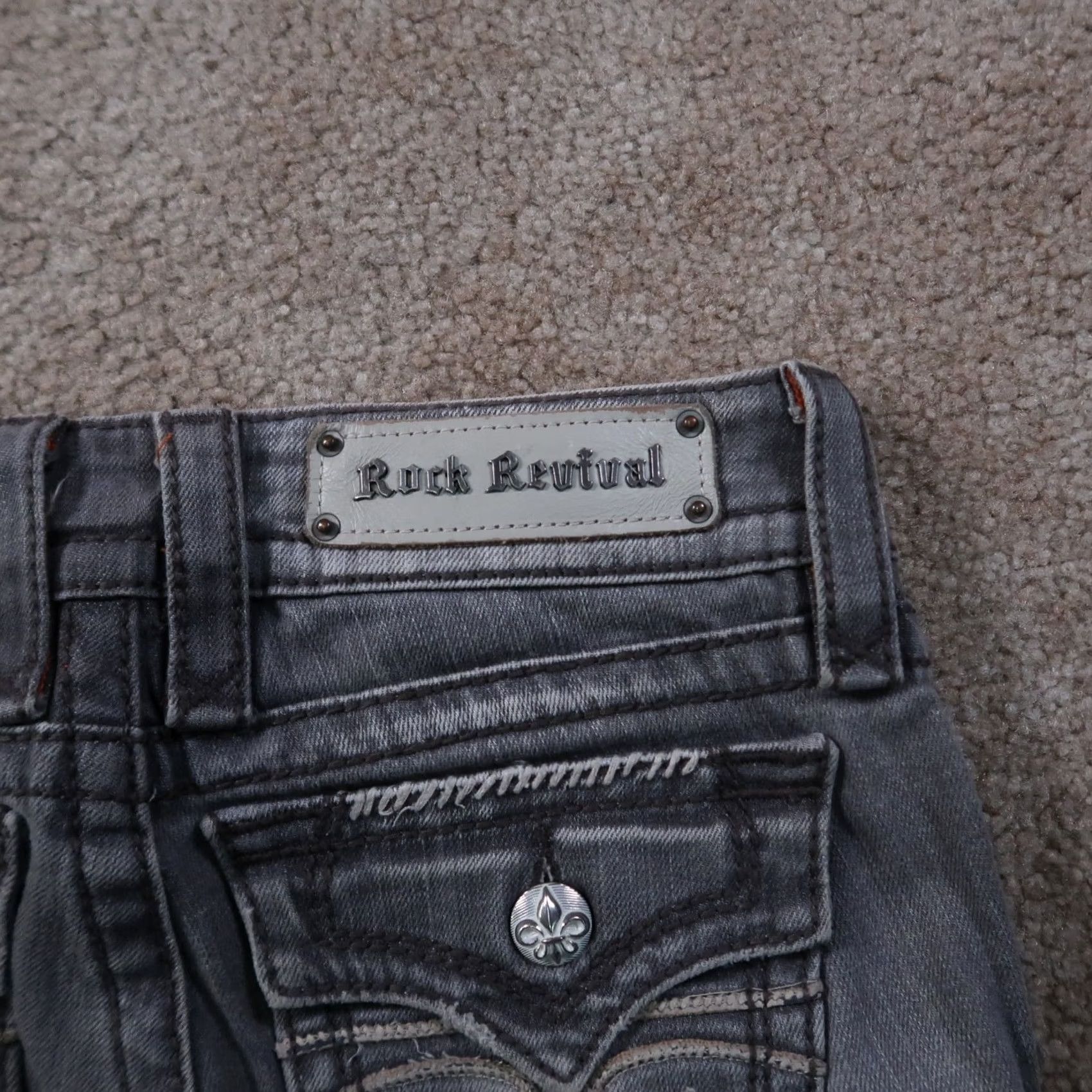 Vintage Rock Revival Celine Straight Jeans Womens 25 Gray Denim Stretch Regular 5-Pocket Leather Logo Men? Size 42" / US 20 - 6 Thumbnail