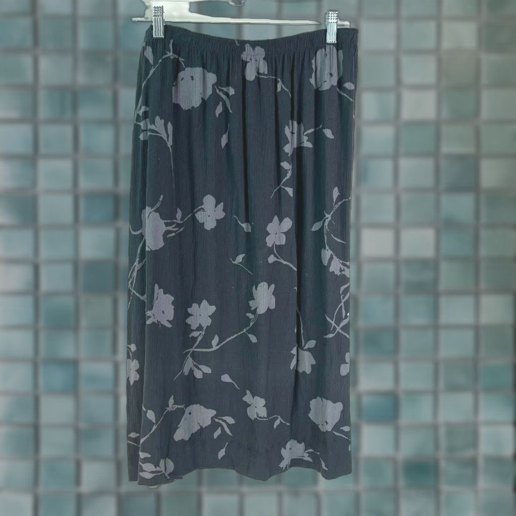 Vintage John Paul Richard Womens Floral A-Line Skirt Size L Black Casual Elastic Waist Midi Size 36" / US 14 / IT 50 - 1 Thumbnail