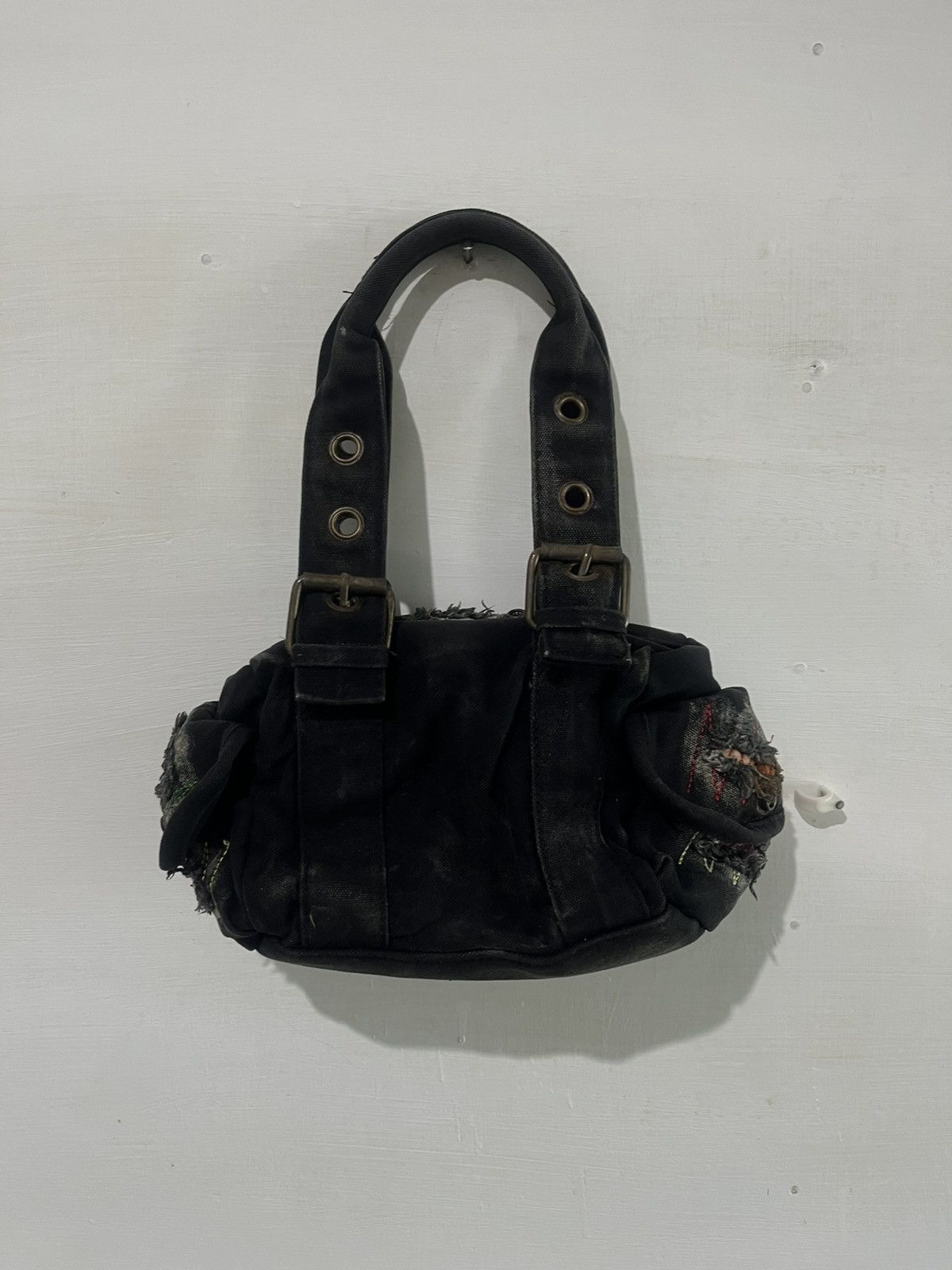 KMRii Y2K Grunge Punk Distressed Black Canvas Mini Handbag Size ONE SIZE - 5 Thumbnail