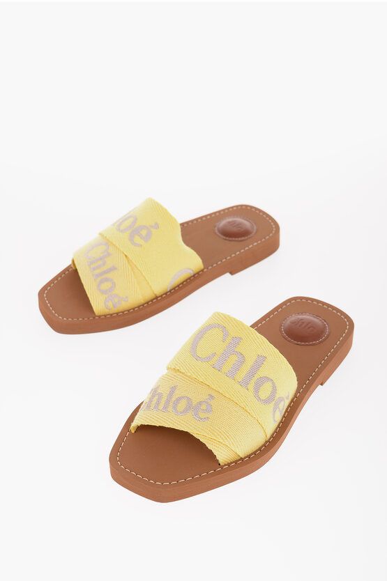 image of Chloe Canvas Tape Sliders With Embroidered Logo in Yellow, Women's (Size 10)