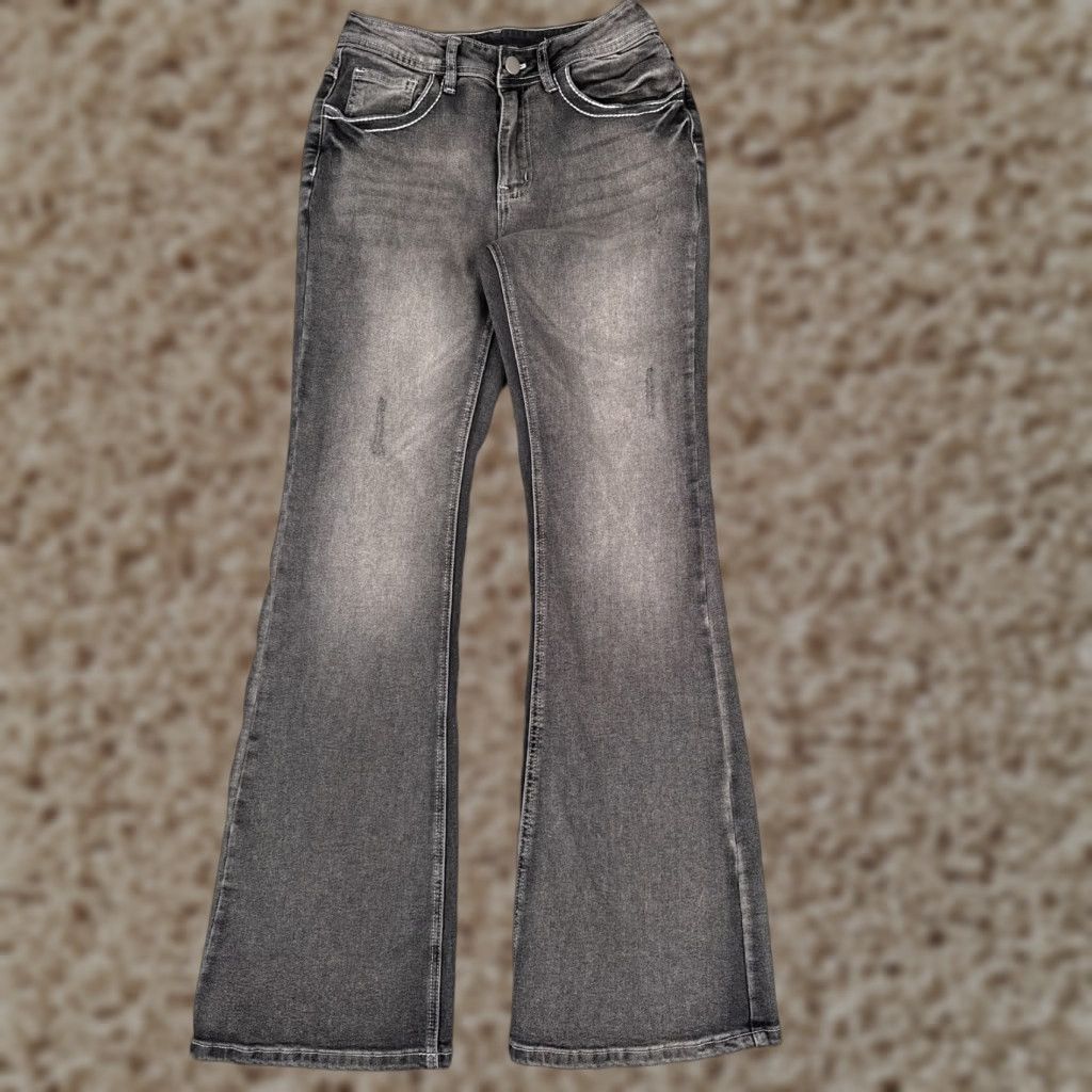 Vintage Romwe Jeans Womens 4 Gray Black Denim Flared Distressed Cotton Blend Mid 25x30 Size 27" / US 4 / IT 40 - 1 Thumbnail