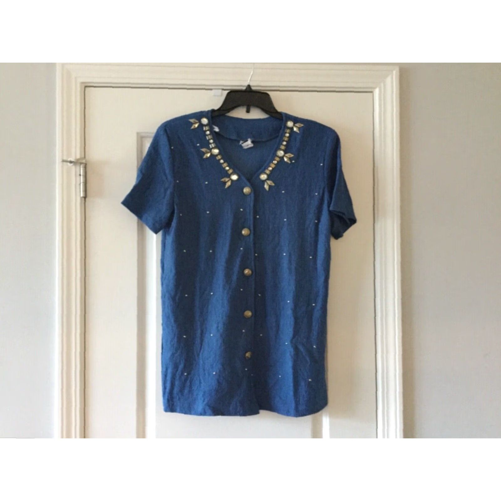 Vintage Epix Blue Embellished Top Women Short Sleeves Stretch Pant Suit One Size Vintage Size 42" / US 20 - 2 Thumbnail
