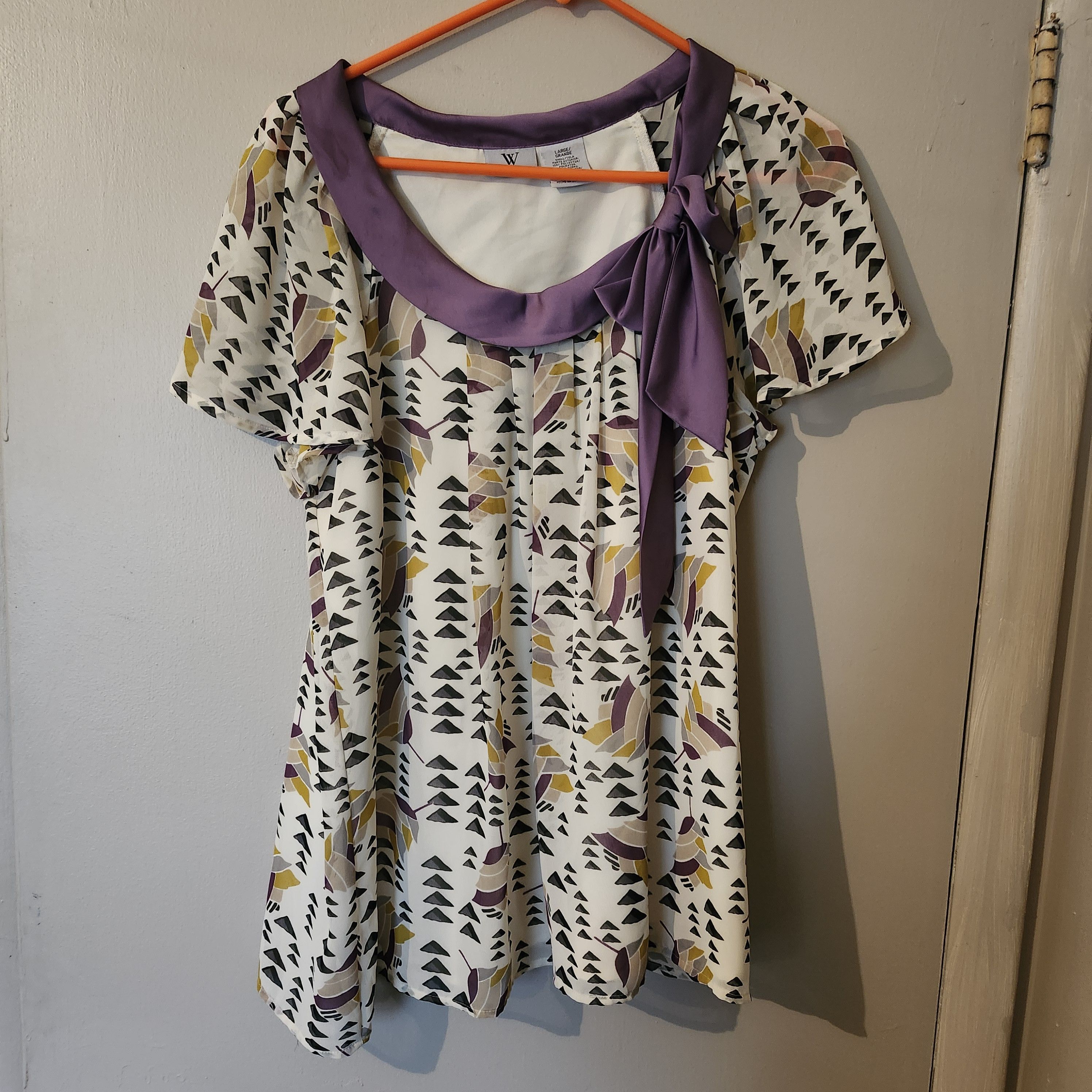 Worthington Worthington Large Blouse Purple Bow Neck Geometric Print Size L / US 10 / IT 46 - 1 Thumbnail