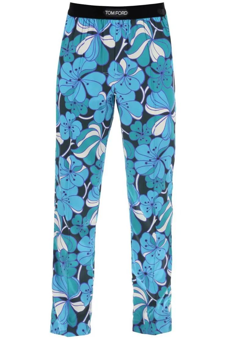 image of Tom Ford O1S22I1N0324 Floral Silk Pajama Pants In Blue/light Blue, Men's