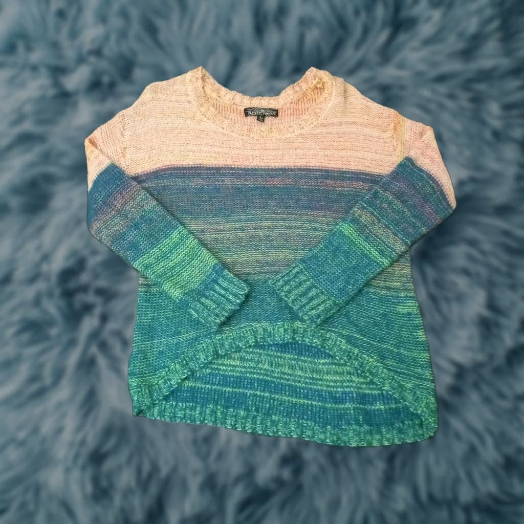 Almost Famous VINTAGE Almost Famous Women's L Pullover Sweater Peach Green Stretchy Asymmetrical Hemline | Womens | Pullover | Green | Peach | L Size L / US 10 / IT 46 - 1 Thumbnail