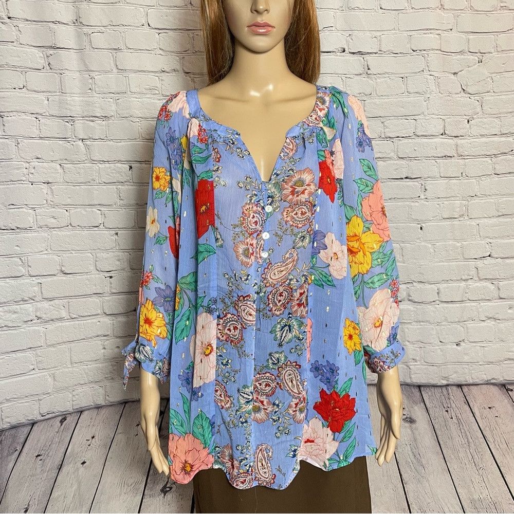 Anthropologie NWT New Figueroa & Flower Floral Blouse 3/4 Sleeve Size 2X Size XXL / US 16-18 / IT 52-54 - 1 Thumbnail