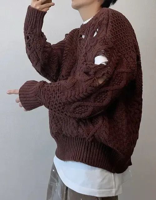 Japanese Brand Retro distressed damage cable knit grunge sweater knitwear Size US XL / EU 56 / 4 - 3 Thumbnail