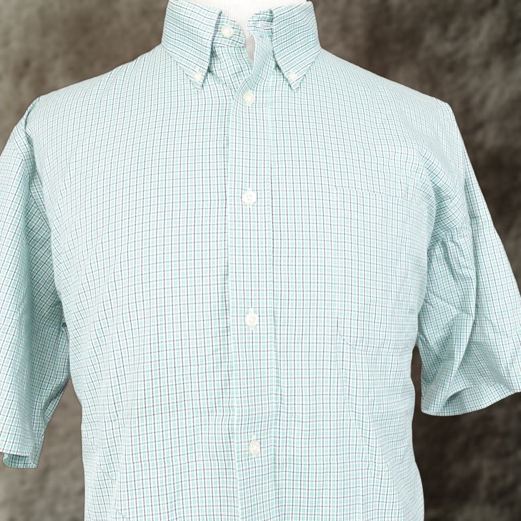 Lands' End LANDS' END Men's Short Sleeve Shirt 2XL Green Blue Plaid Cotton No Iron Button-Down Casual Size US XXL / EU 58 / 5 - 1 Thumbnail