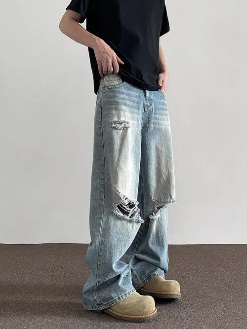 VIBE Blue Baggy Distressed Denim Jeans, Loose Wide Leg Jeans Size US 32 / EU 48 - 5 Thumbnail