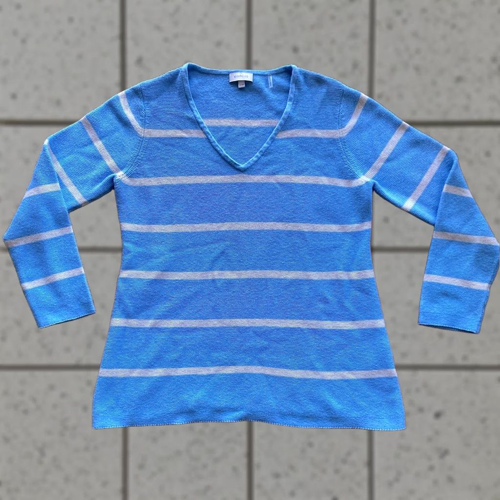 Vintage Kinross Women Sweater V-Neck Striped Light Blue Cotton Medium Pullover Knit Blue Womens M Size M / US 6-8 / IT 42-44 - 1 Thumbnail