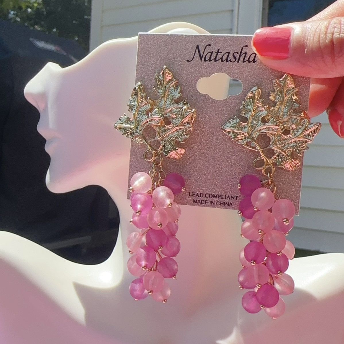 Designer Natasha Gold tone leaf Pink Drop tassel earrings Size ONE SIZE - 1 Thumbnail