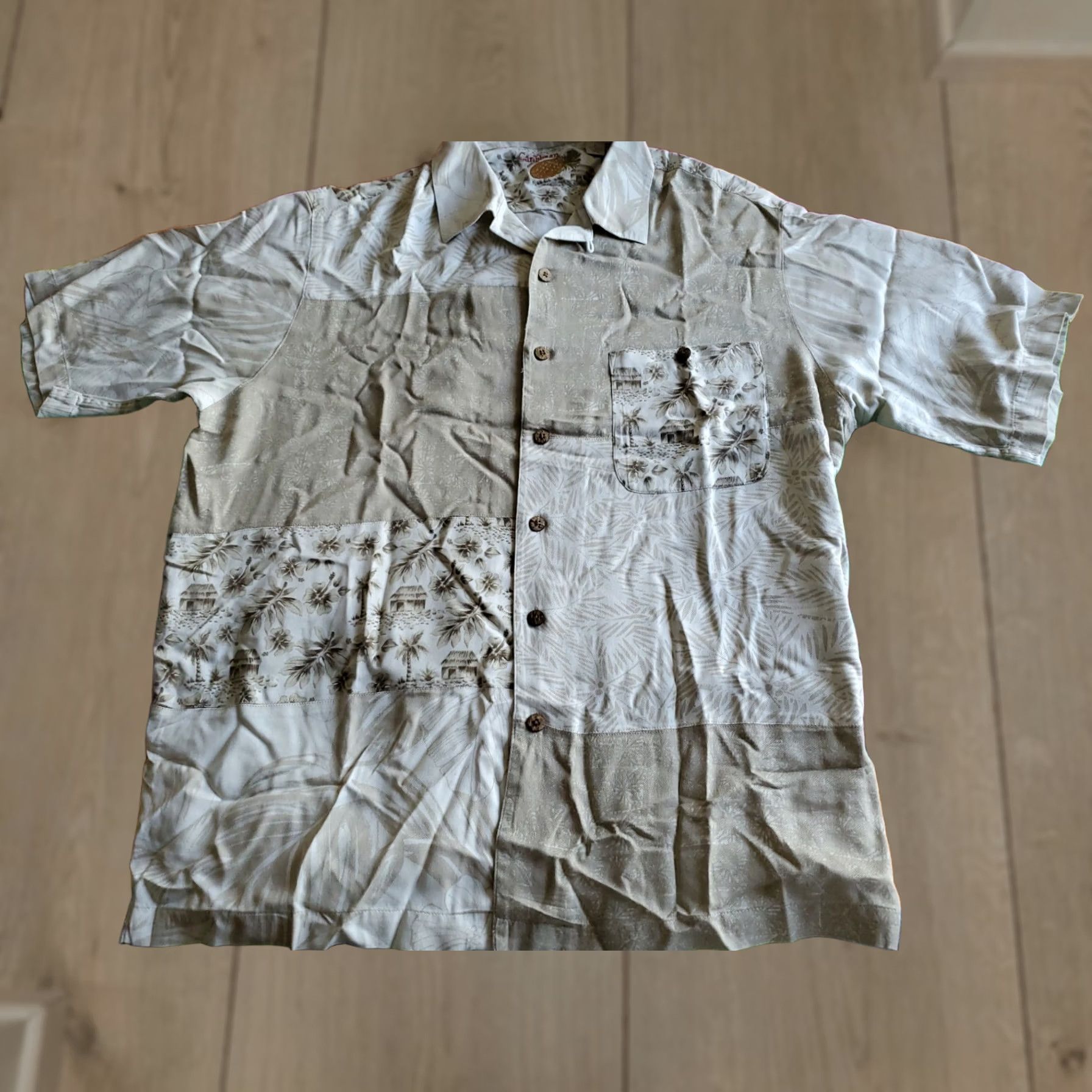 Vintage CARIBBEAN PINEAPPLE Blocked Hawaiian Silk Blend Short Sleeve Shirt L Tan Mens Button-Up Casual Beach Tropical Palm Tree Aloha 90s Size US L / EU 52-54 / 3 - 1 Thumbnail