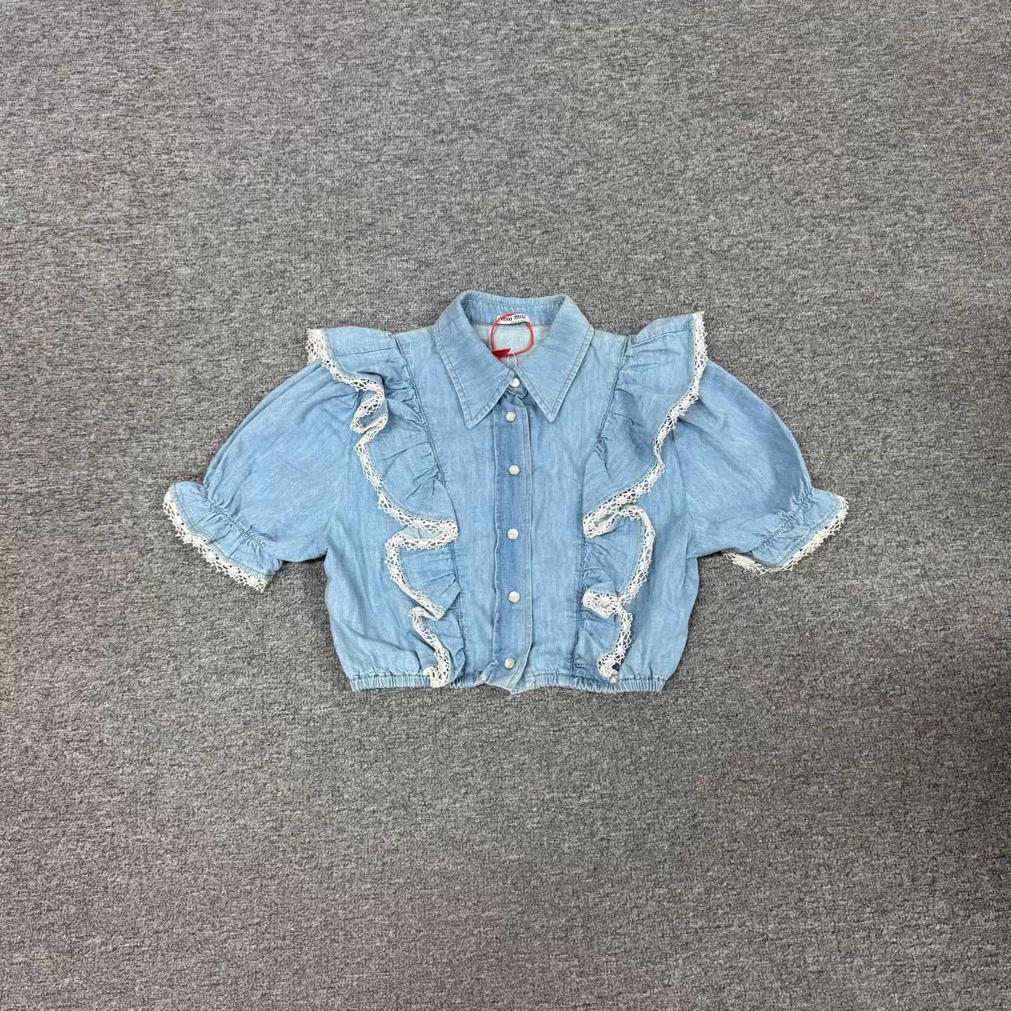 Miu Miu MIU MIU Light Blue Denim Ruffle Collar Short Puff top Size XS / US 0-2 / IT 36-38 - 1 Thumbnail