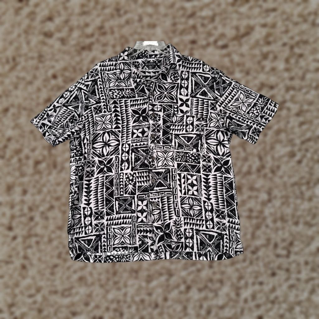 George VINTAGE George Shirt Mens Large Black White Floral Tribal Native 100% Rayon Pocket Size US L / EU 52-54 / 3 - 1 Thumbnail