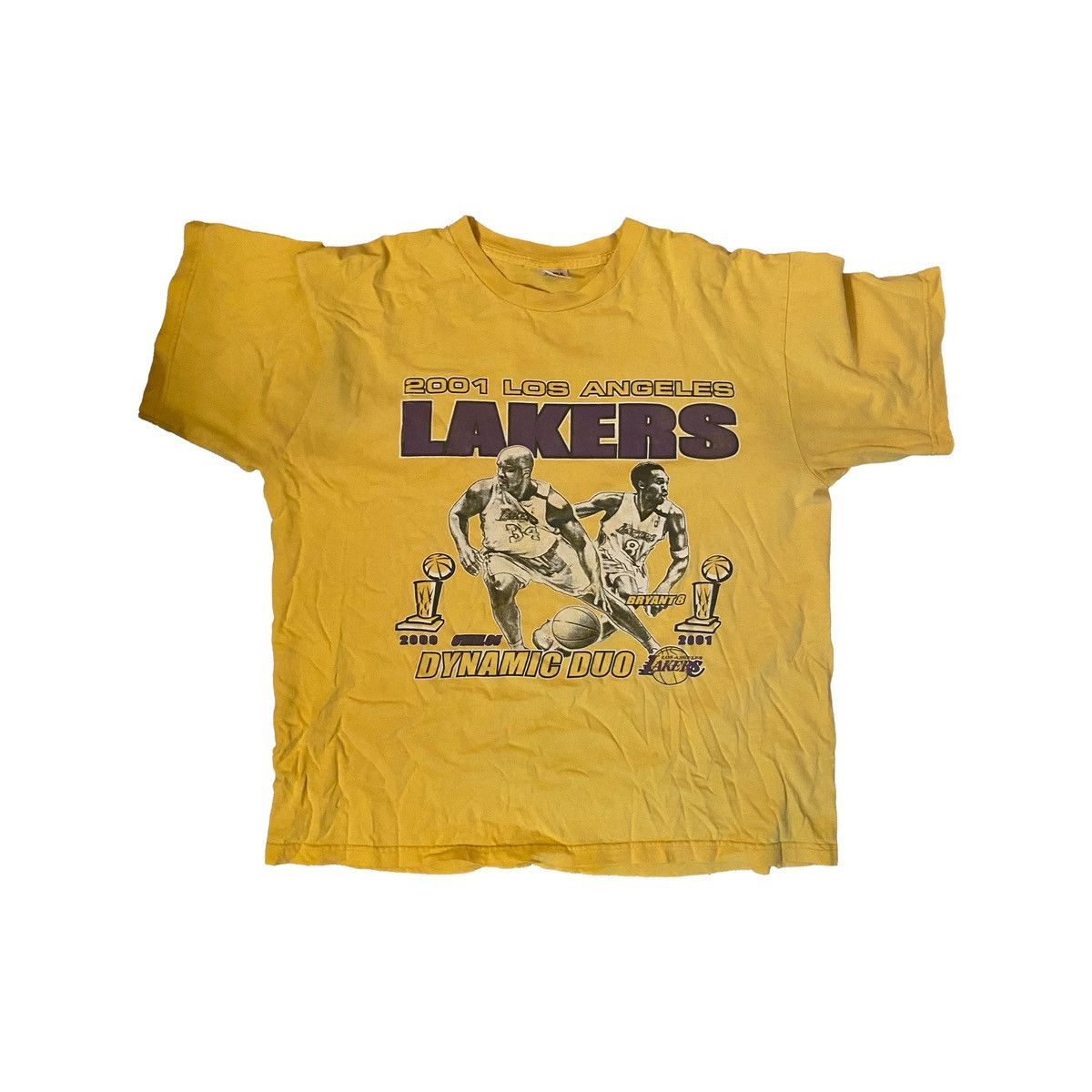 image of Vintage Lakers Kobe And Shaq Championship Shirt in Yellow, Men's (Size 2XL)