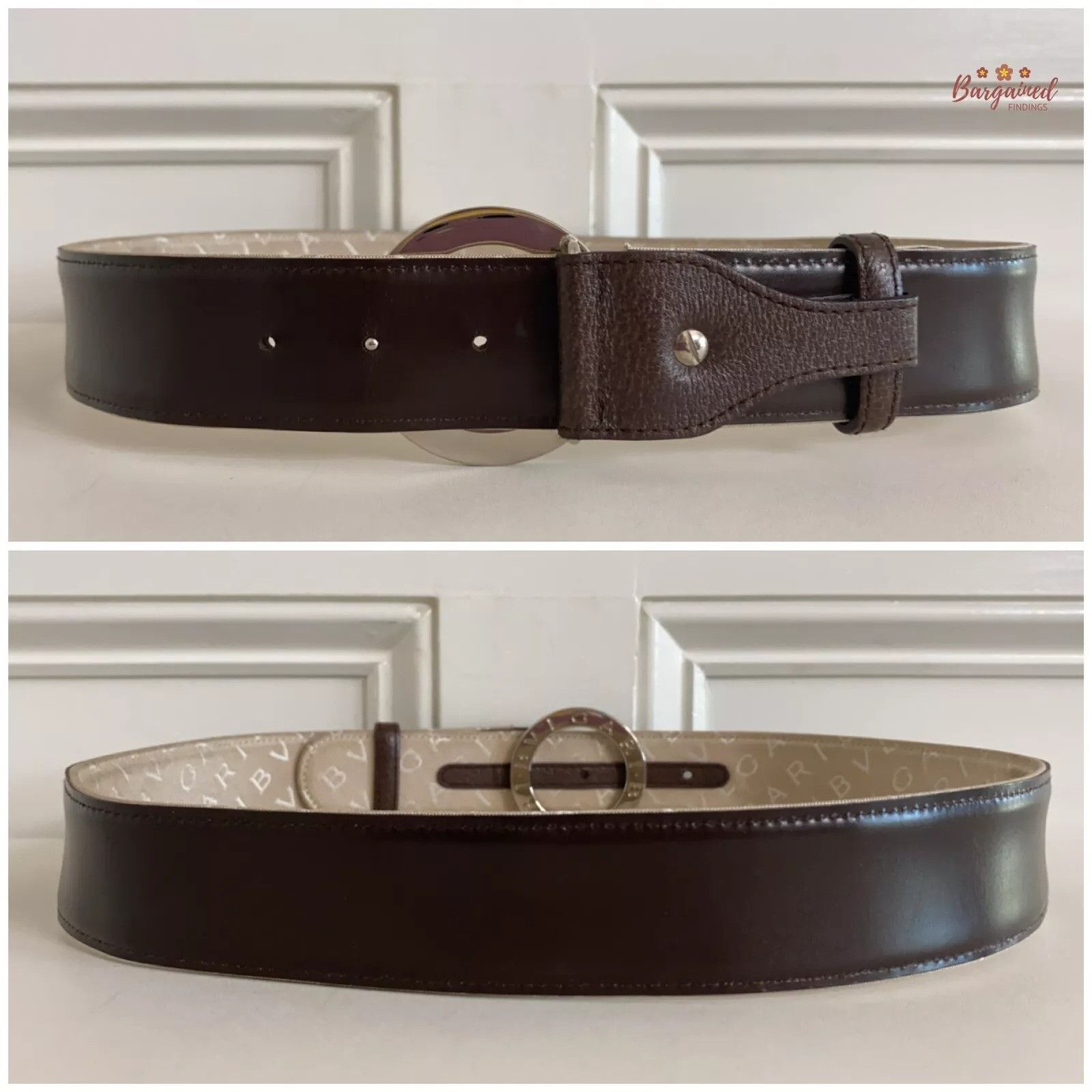 Bvlgari BVLGARI Beige Canvas Dark Brown Leather Silver Round Buckle Size 30 - 5 Thumbnail