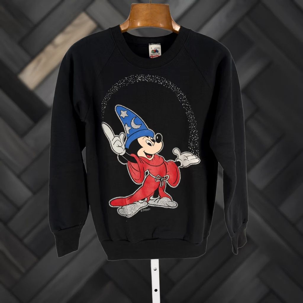 Fruit Of The Loom VINTAGE Mickey Fantasia Wizard Glitter Crewneck Sweatshirt Unisex Adults S Black Cotton Blend 90s 80s Disney Fruit of the Loom Sweatshirt Size US S / EU 44-46 / 1 - 1 Thumbnail