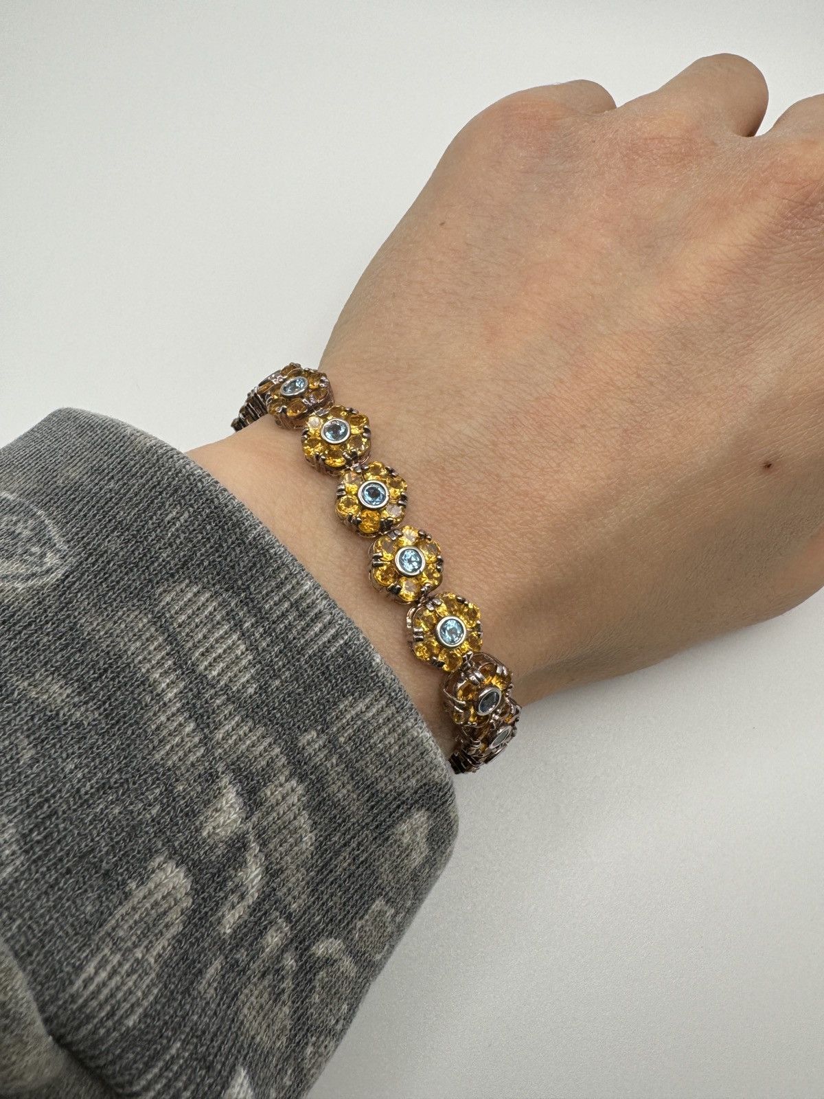 image of 925 Silver x Gold Sterling Silver Flower Gemstone Tennis Bracelet in Yellow, Men's