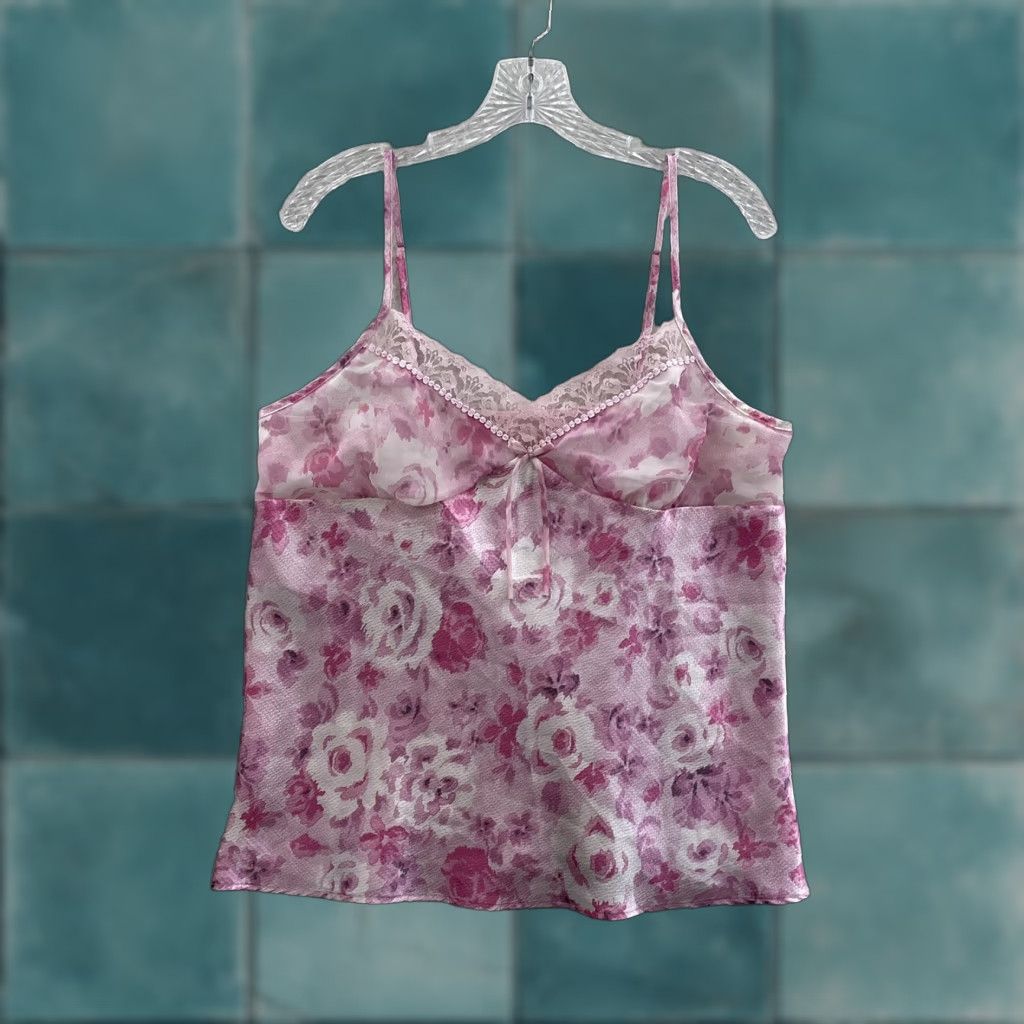 Vintage VINTAGE Y2K Camisole Top XL Pink Floral Satin Coquette Fairy Princess Girly Woman? Size XL / US 12-14 / IT 48-50 - 1 Thumbnail