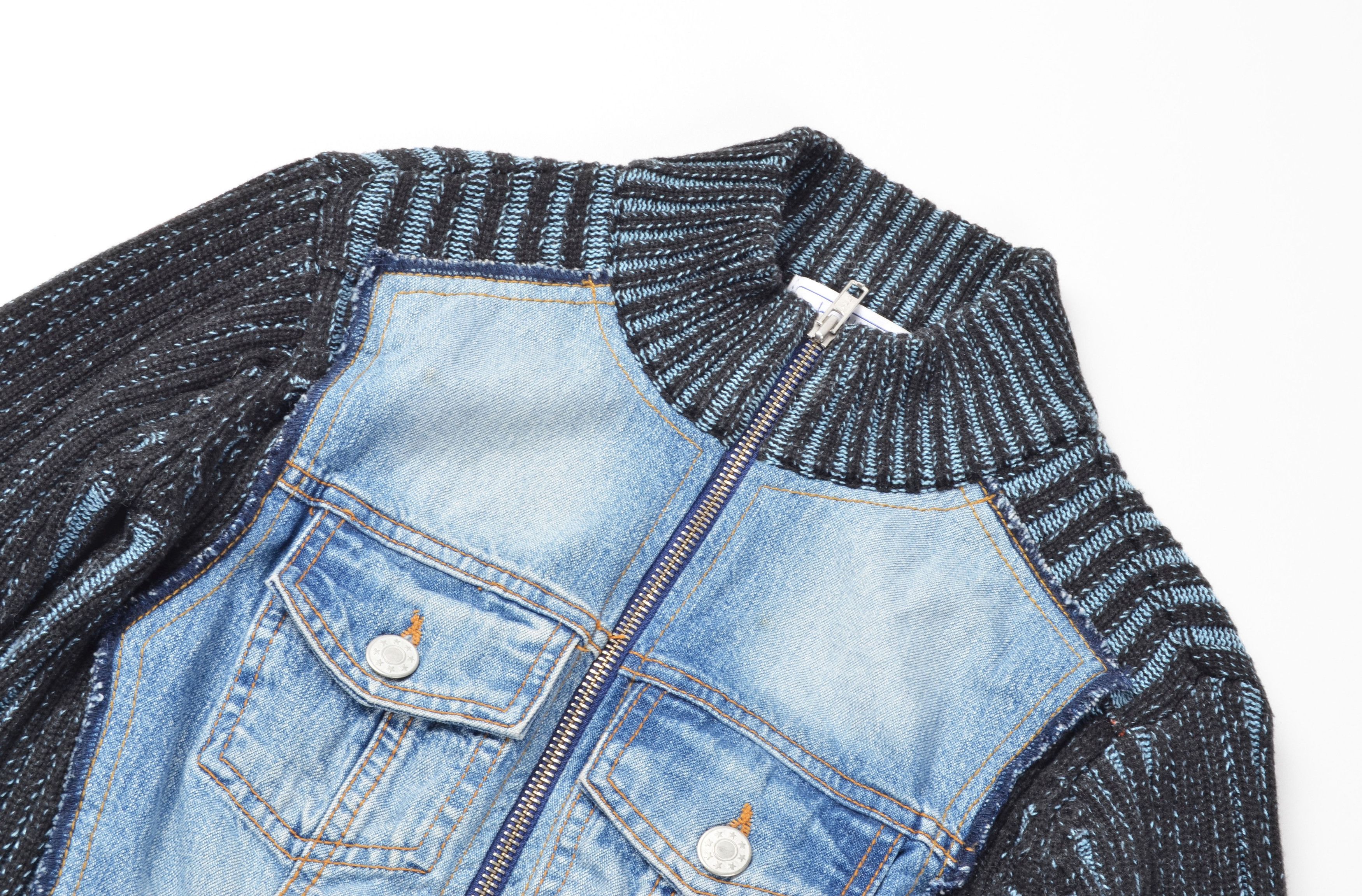 Vintage Y2K Helline Denim Knit Fitted Moto Zip Up Hybrid Jacket Size XS / US 0-2 / IT 36-38 - 6 Thumbnail