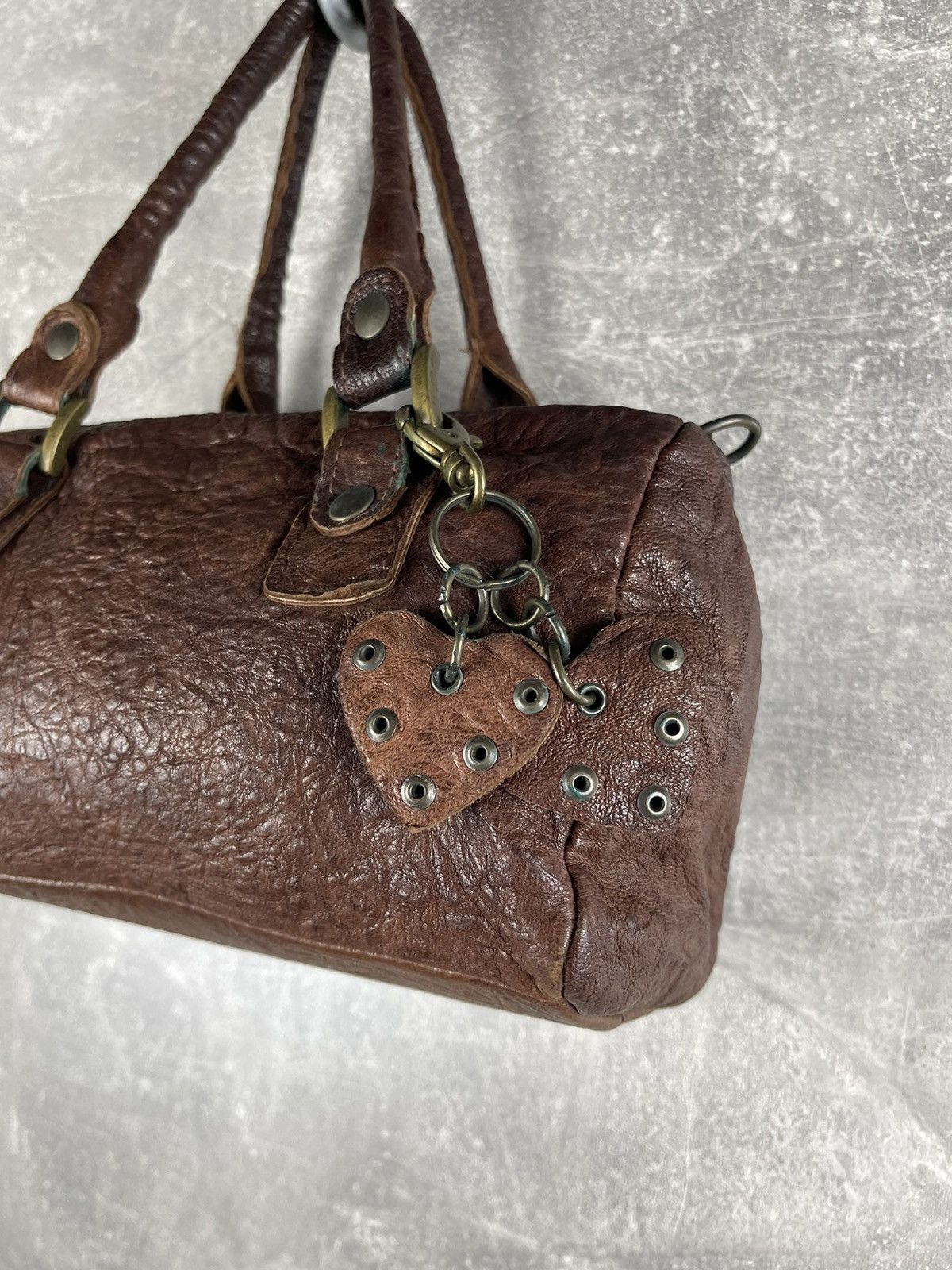 Genuine Leather Y2K Artisan Handcrafted Brown Heart Charm Mini Barrel Bag Size ONE SIZE - 4 Thumbnail