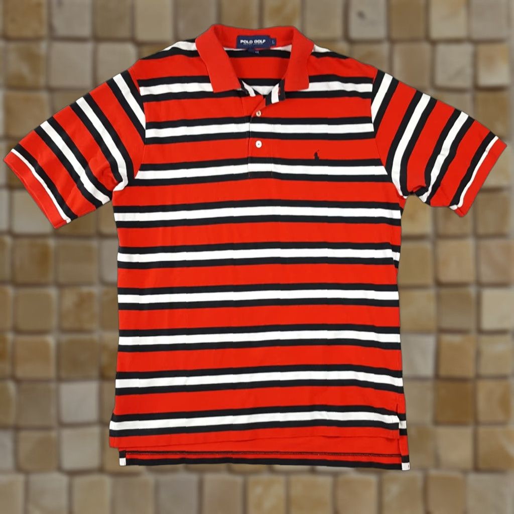 Ralph Lauren VINTAGE Ralph Lauren Polo Golf Men’s Large Red Striped Cotton Button Collar Polo Shirt 90s Preppy Casual Size US L / EU 52-54 / 3 - 1 Thumbnail