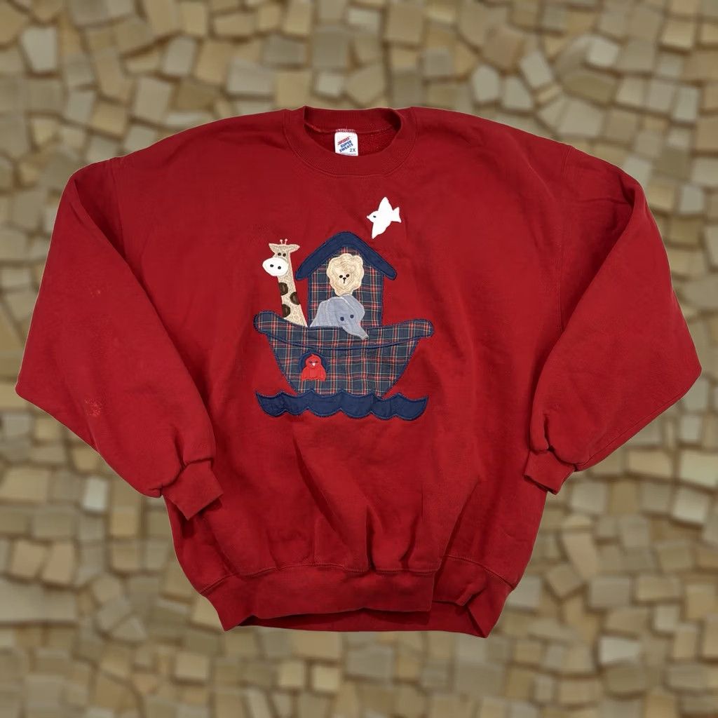 Jerzees VINTAGE Jerzees Sweatshirt 2XL Noahs Ark Embroidered Red Unisex Adults Crew Neck Heavyweight Graphic Print USA 90s 80s Bible Jesus God PullOver冬 Size US XXL / EU 58 / 5 - 1 Thumbnail