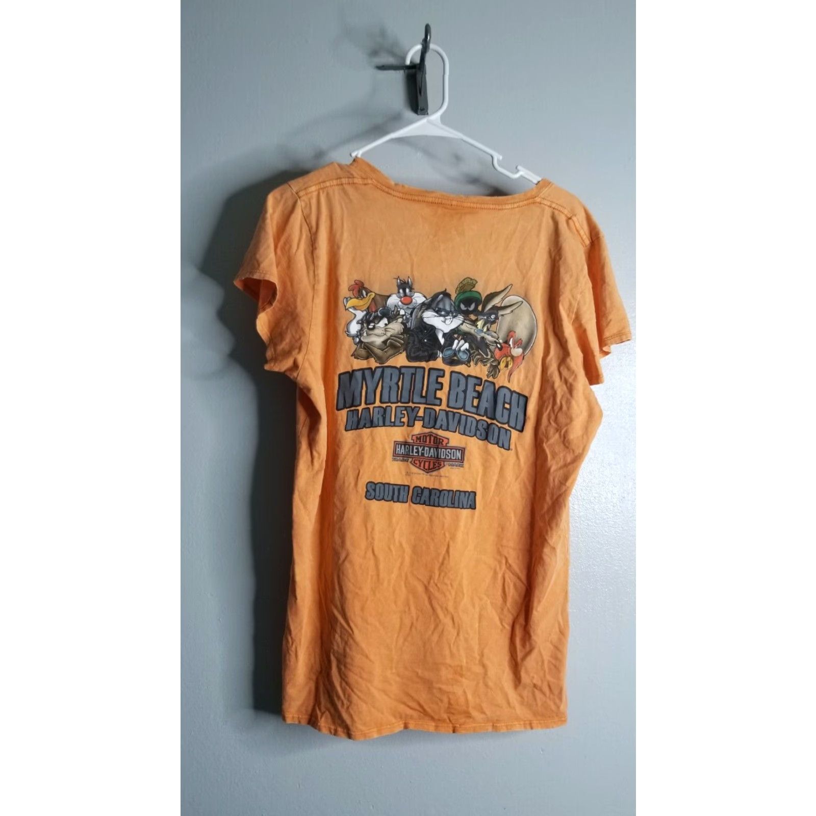 Harley Davidson Womens Harley-Davidson T-Shirt Live Looney Tunes Myrtle Beach Orange XL Cap Sleeve V-Neck Short Sleeve Double Sided Pattern: Stone Washed Size XL / US 12-14 / IT 48-50 - 4 Thumbnail