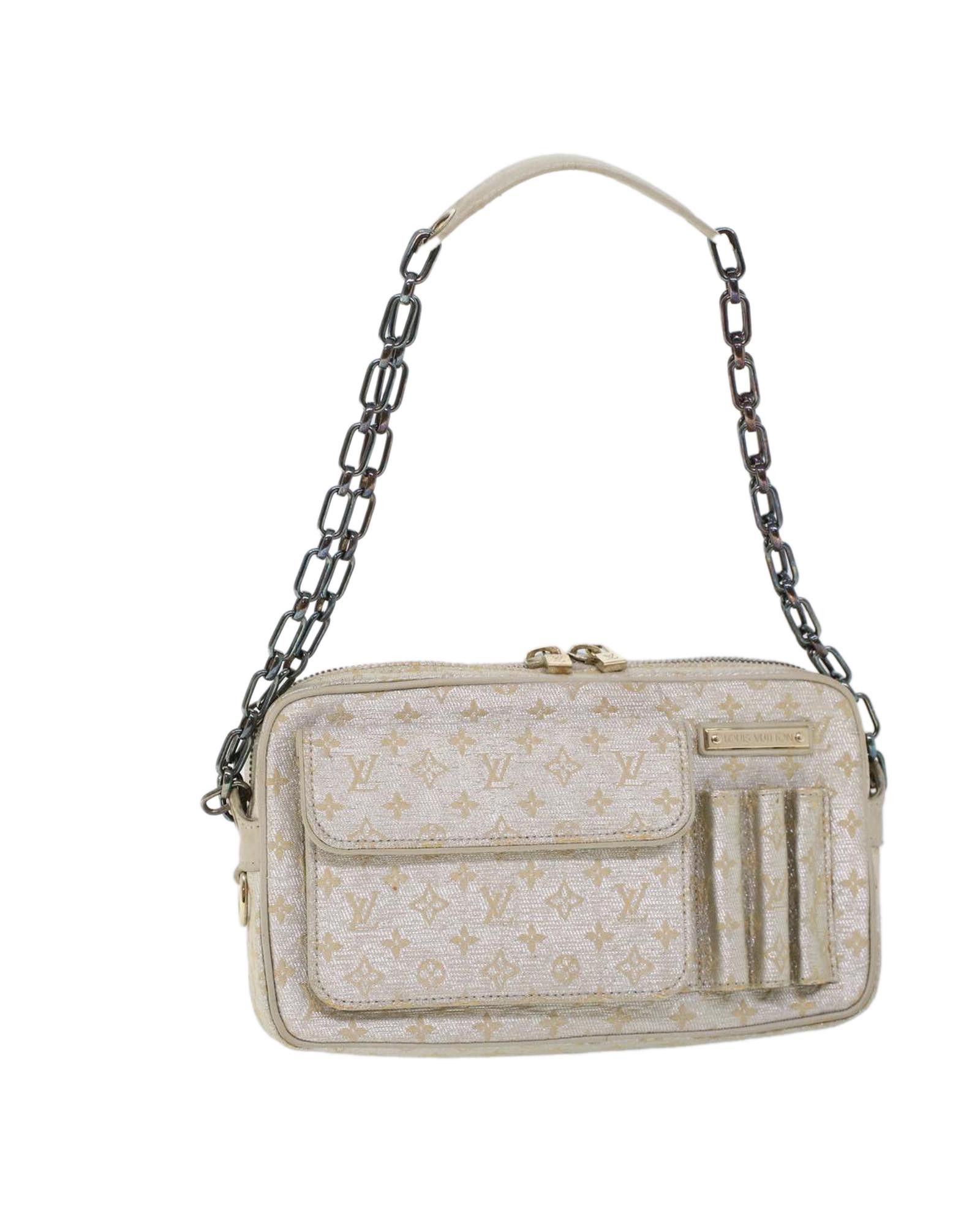 image of Louis Vuitton Shiny Monogram Shoulder Bag With Chain Detail in Silver, Women's