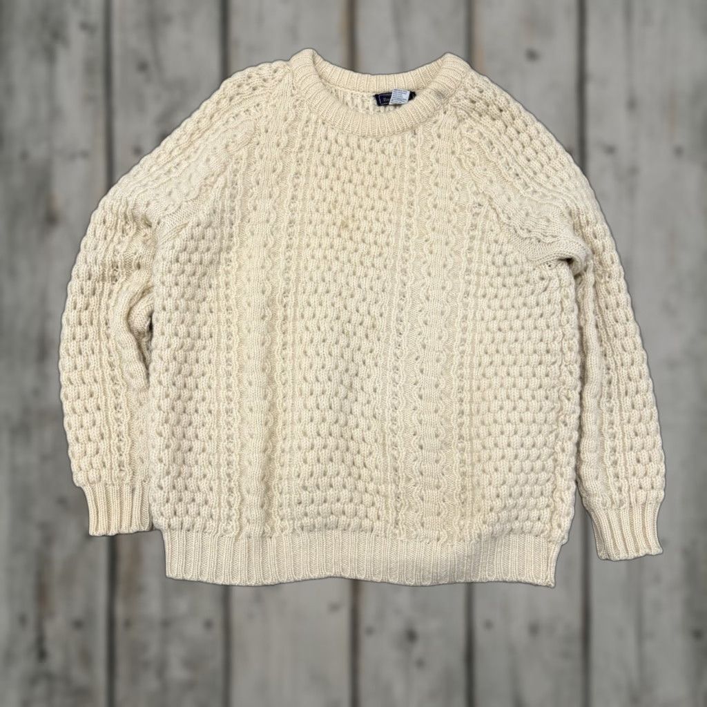 Rory Lynch Sweater Mens Large Beige 100% Wool Cable Knit Ireland Made Fisherman Knit Style Crew Neck Long Sleeve F