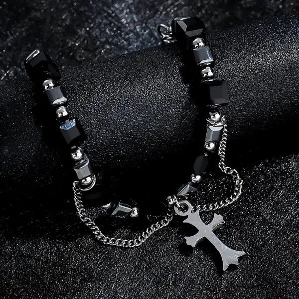 Jewelry Black Beaded Cross Charm Men's Bracelet Size ONE SIZE - 8 Thumbnail