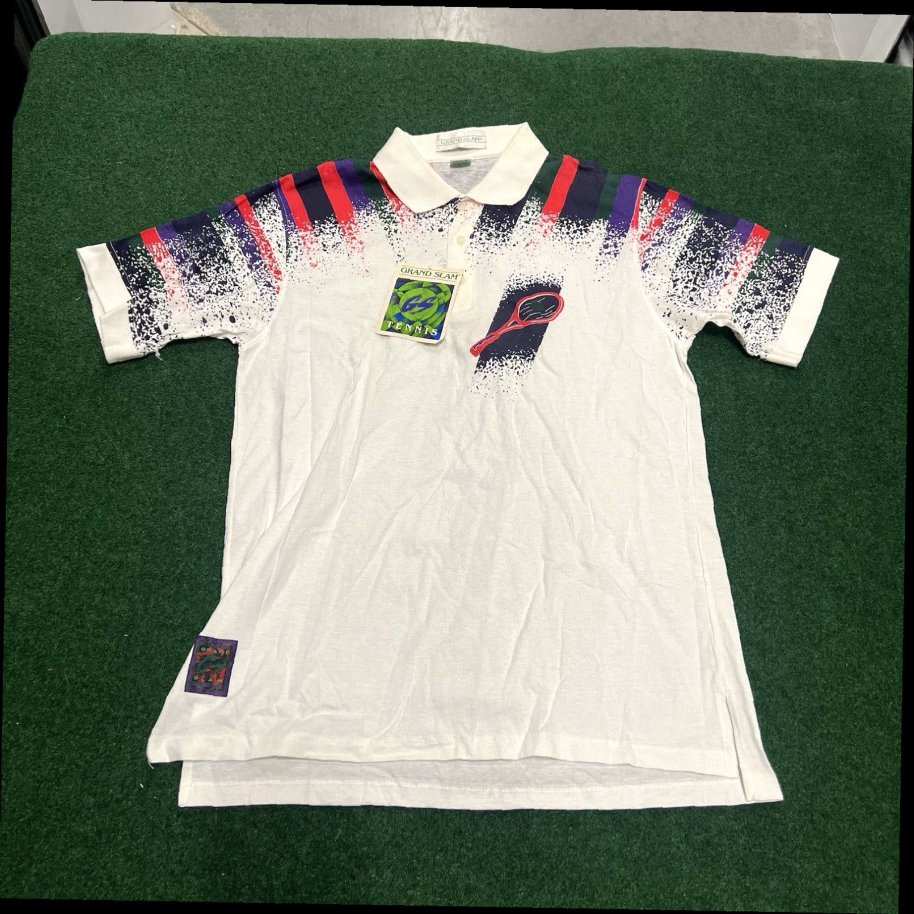 Vintage VTG Grand Slam Men's Polo Jazz Geometric 100% Cotton Blue Red USA Size Large New Size US L / EU 52-54 / 3 - 1 Thumbnail