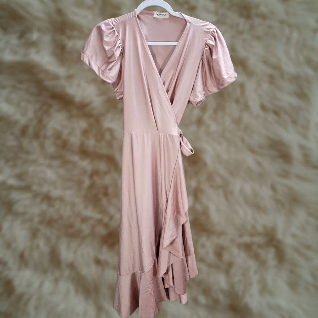 Pinko Yanga Dusty Pink Slinky Wrap Midi Dress Ruffle Cocktail Evening Puff Sleeve Sz S Women) Dress Size S / US 4 / IT 40 - 1 Thumbnail