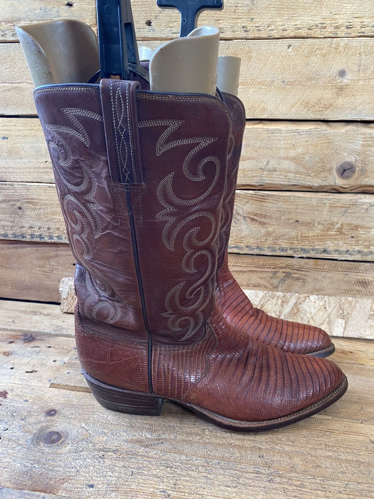 Lucchese × Vintage Lucchese brown leather western boots exotic skin, lizard sz8 Size US 8 / IT 38 - 8 Thumbnail