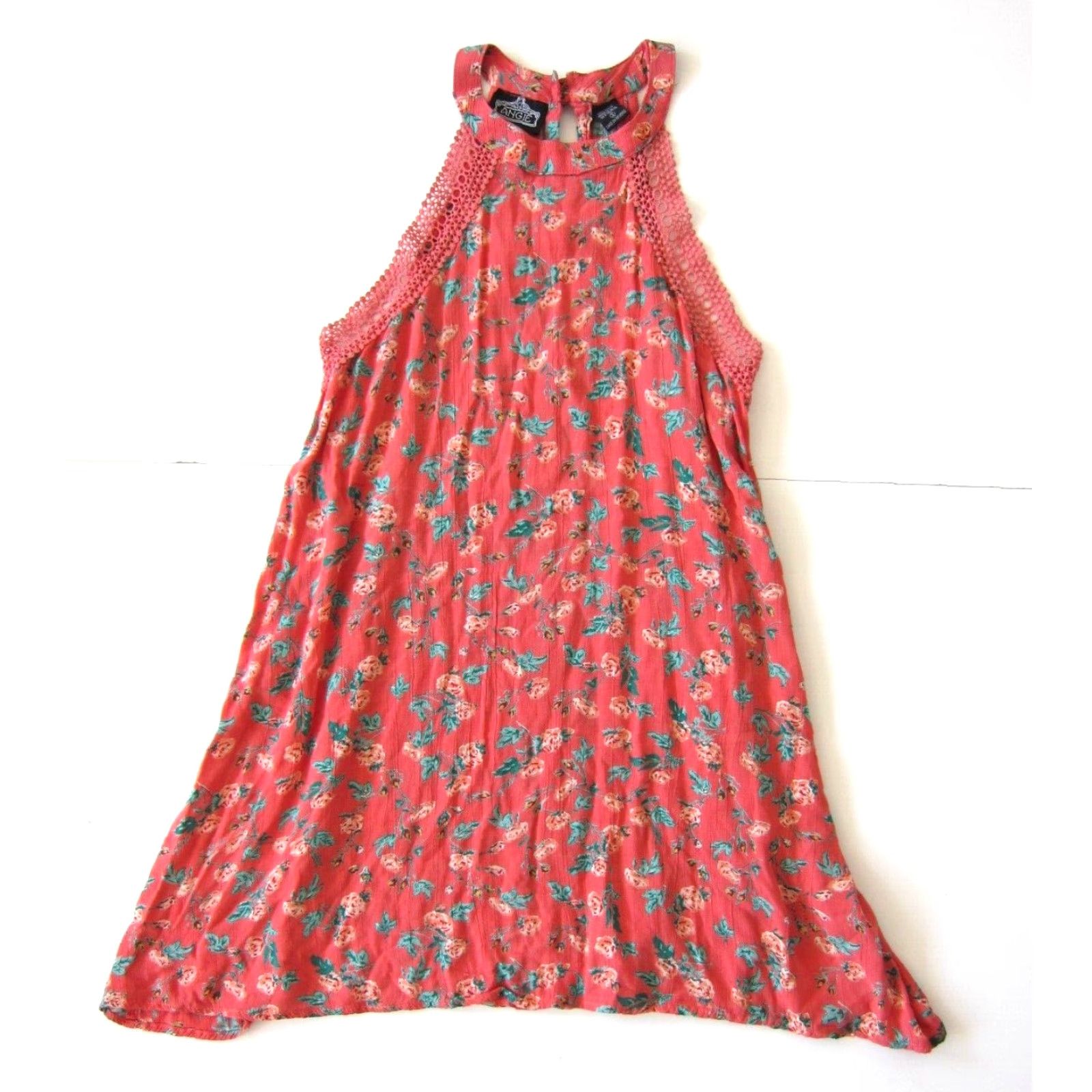 Vintage Angie Dress Womens S Pink 100% Rayon Floral Rose Green High Neck Tunic Tank Sun Dress Small Size S / US 4 / IT 40 - 2 Thumbnail