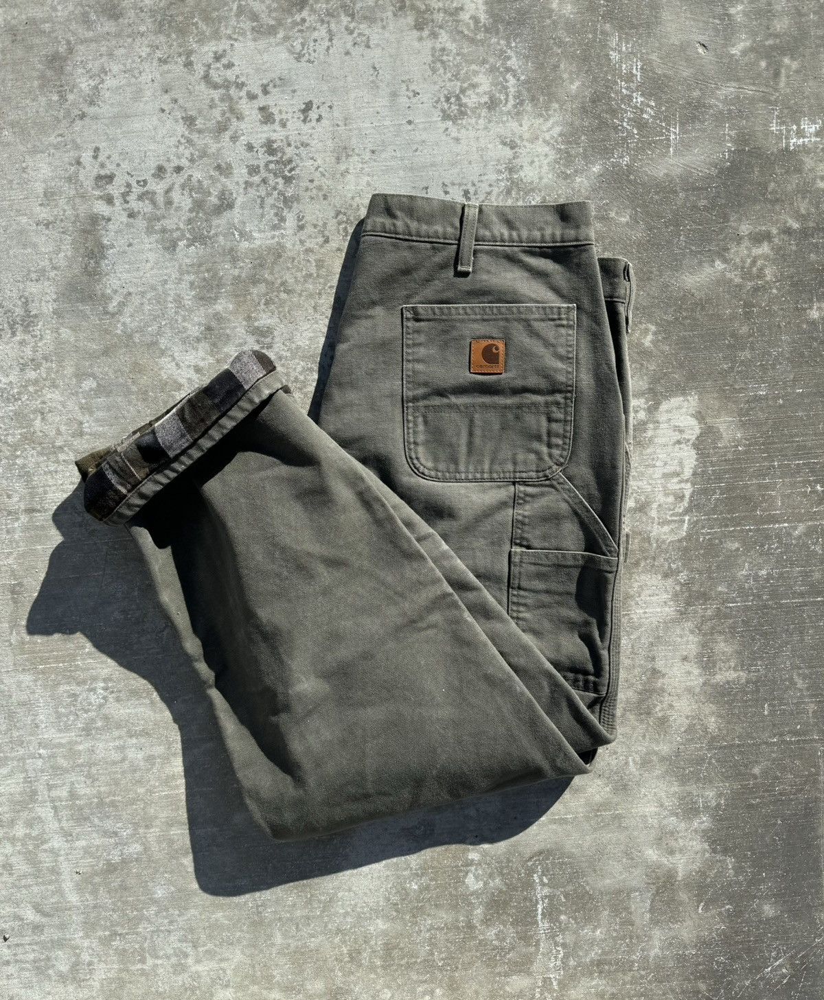 Vintage olive green carhartt flannel lined carpenter jeans 38x32 grailed
