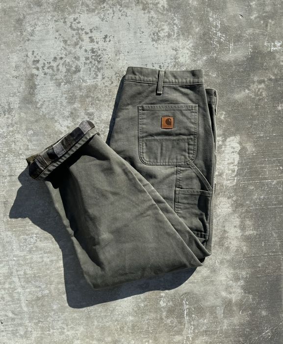 Vintage Olive Green Carhartt Flannel Lined Carpenter Jeans 38x32 Grailed