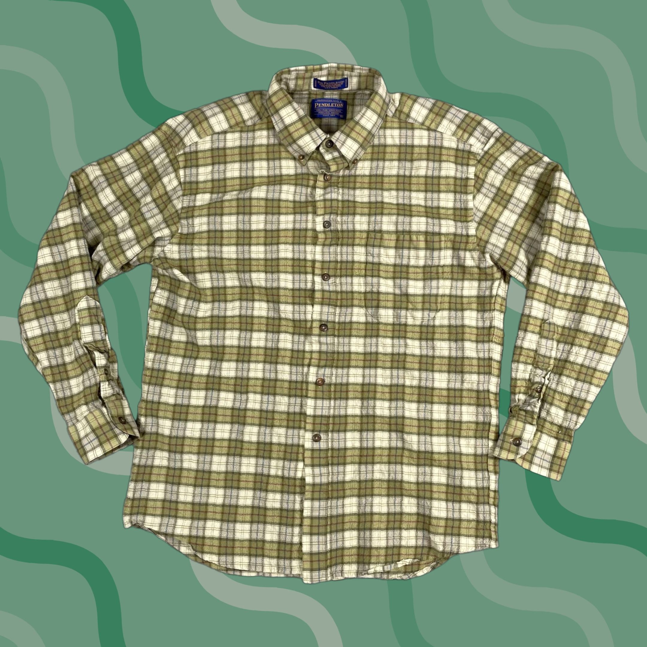 VINTAGE Pendleton Shirt Mens L Green Plaid Wool Long Sleeve Button-Down Collar