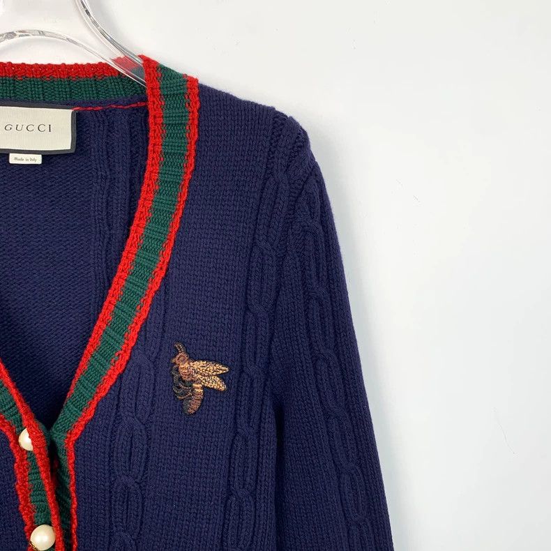 Gucci Gucci Dark blue striped bee embroidery wool knitted cardiga Size US L / EU 52-54 / 3 - 3 Thumbnail